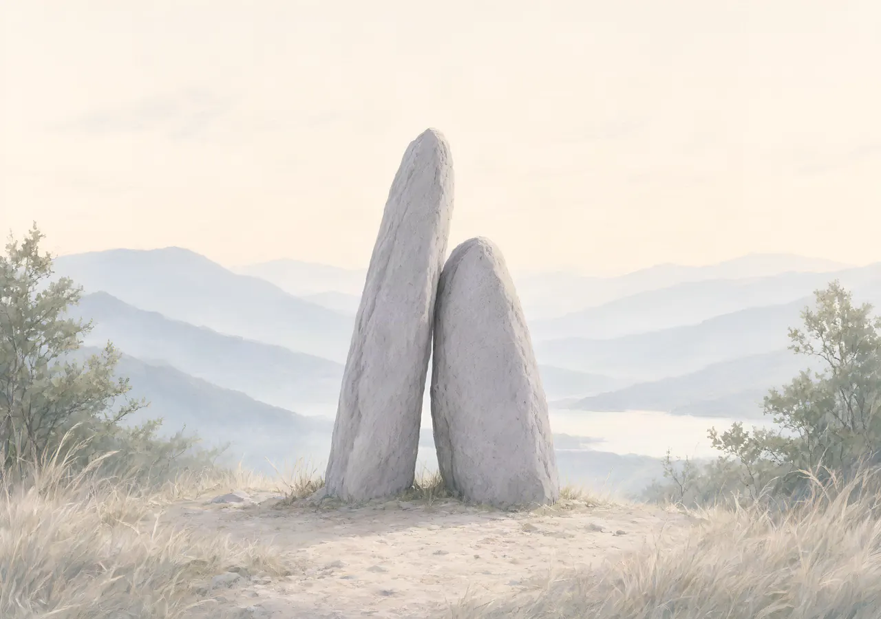 Two standing stones on a hill above a misty valley and a lake, painted in soft gouache